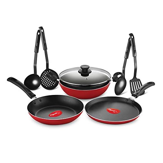 Pigeon by Stovekraft Mio Nonstick Aluminium Cookware Gift Set, Includes Nonstick Flat Tawa, Nonstick Fry Pan, Kitchen Tool Set, Kadai with Glass Lid, 8 Pieces Non-Induction Base Kitchen Set - Red