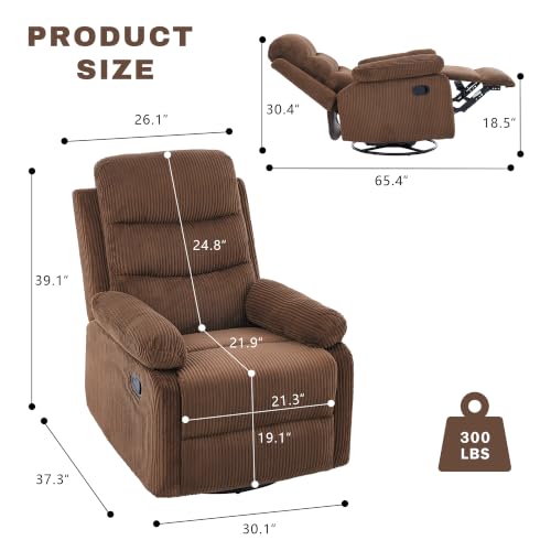 Image of Rocking Recliner Chair,Modern Swivel Glider Recliner Chair,Corduroy Fabric Upholstery Recliner,Manual Reclining Sofa Chair for Living Room,Office,Apartment (Brown)
