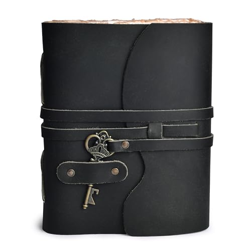 Image of LEATHER VILLAGE Leatherbound Notebook Journal Key Lock, Black 8x6. | Handmade Deckle Edge paper, 200 Blank Pages , Grimoire, Book Of Shadows, Sketchbook, Scrapbook, Leather Journal , Black 8x6