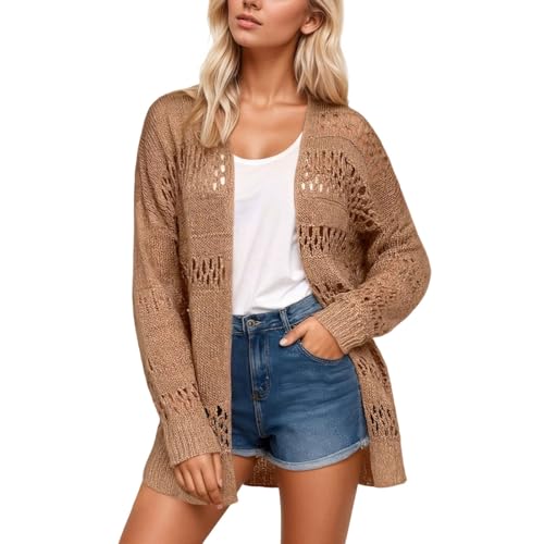 Generisch Cardigan lungo da donna con motivo a maglia Ajour, leggero, aperto per la primavera e l'estate, copriletto arioso in stile bohémien, Stil_s02 Marrone, XXL
