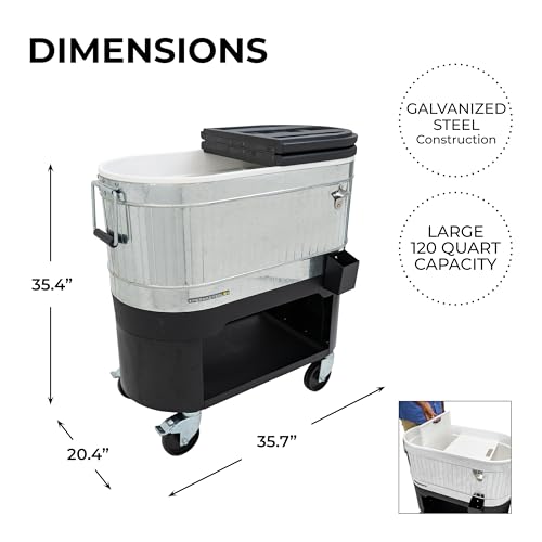 Permasteel Rolling Patio Cooler – Large Outdoor Ice Chest with Wheels, Beverage Cooler for Backyard, BBQ, Tailgate, Beach, Parties, Rustic Farmhouse Design