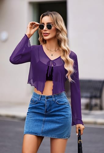 Image of Avidlove Womens Sheer Shrug Tie Front Long Bell Sleeve Mesh Bolero Lightweight Summer Casual Short Shawl Top