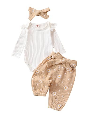 ensswliz - ensswliz Vêtements pour nouveau-né fille en tricot côtelé barboteuse imprimé pâquerettes pantalon bandeau automne hiver nouveau-né tenues ensembles 0 3 6 12 18 24 mois, A-abricot, 0-3 mois