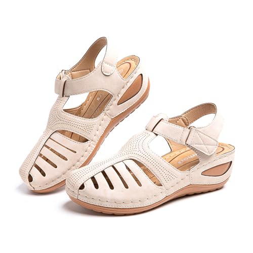 Hitmars Sandalias Mujer Cuña Comodas Mules Planas Sandalia Cerrada con Pulsera Tacon Casual Zapatos de Playa Retro 1 Beige 40 EU