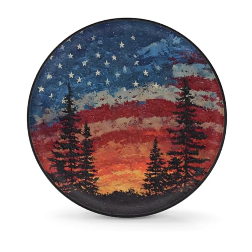Image of Spare Tire Cover Forest Camping American Flag Wheel Covers Protectors Waterproof Dust-Proof Universal Fit Trailer, RV, SUV and Many Vehicle (14 inch for tire Diameter 25.59 inch-27.16 inch)