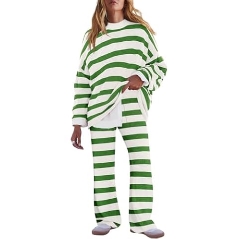 LAMISSCHE Oversized Womens Lounge Set Striped Sweater Set Long Sleeve 2 Piece Pajama Set Top and Pants with Pockets(White&Green,M) Cover