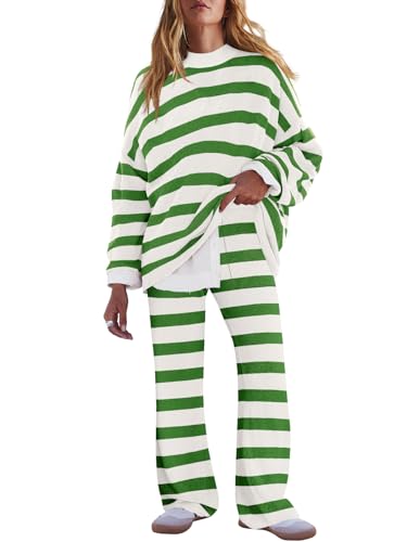Image of LAMISSCHE Oversized Womens Lounge Set Striped Sweater Set Long Sleeve 2 Piece Pajama Set Top and Pants with Pockets