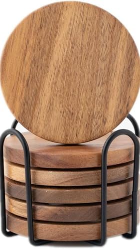 Acacia Wood Coasters Set of 6 with Holder, Wooden Coasters for Gl...