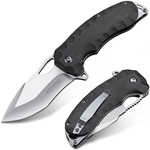 KEXMO Pocket Knife for Men, 3.1'' Ultra Sharp Blade G10 Handle Folding Pocket Knife with Sheath and Clip, EDC Tactical Knife for Survival Camping Hunting Hiking Gift for Men, Black
