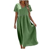 Vestido de verano con cuello en V para mujer, estilo bohemio, holgado, de algodón y lino, manga 3/4, vestido midi casual con ojales, verde, XXL