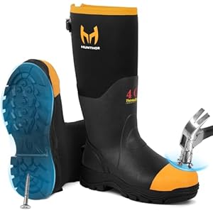 Rubber Work Boots for Men with Steel Toe, 400g Insulated, 1100N Puncture-Proof Hunting Boots with 7mm Neoprene Waterproof and EVA Midsole, Back Gusset, Ideal for Work,Farming Fishing Size 7-