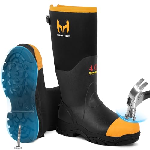 HUNTHOR Men’s Steel Toe Rubber Boots, 400g Insulated