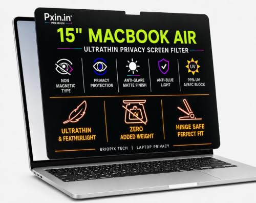 Image of Pxin 15 Inch MacBook Air UltraThin Privacy Screen Filter | FeatherLight Design | No Magnetic Weight | No Hinge Burden | Anti Glare | Anti Blue | 99% UV A /B /C Block | BRIOPIX Tech | Laptop Privacy