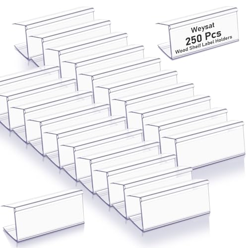 Weysat 250 Pcs Wood Shelf Label Holders Clear Plastic Price Tag 2.4 in L x 1 in H for Bookshelf Shelves, Wood Shelf Sign and Ticket Holder, Clips On to Shelves 3/4