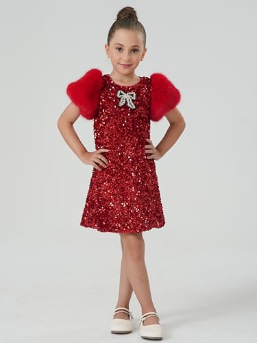 2Bunnies Girls Velvet Sequin Shimmer Sparkle Feather Faux Fur Birthday Christmas New Year Holiday Party Dress4