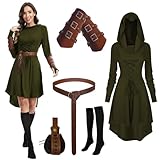 Renaissance Costume Women Hooded Robe Lace Up Dress Halloween Vintage Medieval Cloak (green, M)