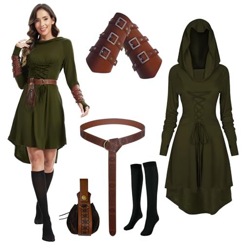 Renaissance Costume Women Hooded Robe Lace Up Dress Halloween Vintage Medieval Cloak (green, S)