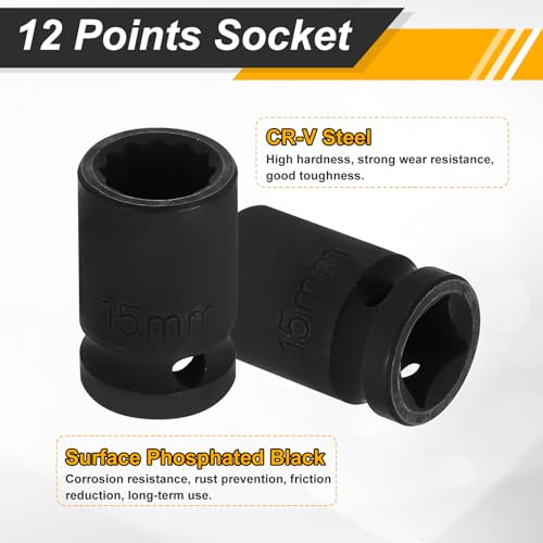 Image of HARFINGTON 2pcs 1 /2 inch Drive x 15mm Shallow Impact Socket 12-Point Metric CR-V Steel Spindle Nut Impact Flip Sleeve for Home Auto Nuts Bolts Repair