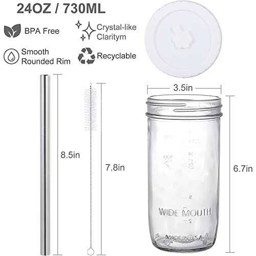 4 Pack Glass Bubble Tea Cups - 24Oz Mason Jar With Lid And Straw, Clean Brush, Reusable Wide Mouth Glass Smoothie Cups, Boba Cup, Iced Coffee Cup, Travel Glass Drinking Bottle Mason Jar #TOP1