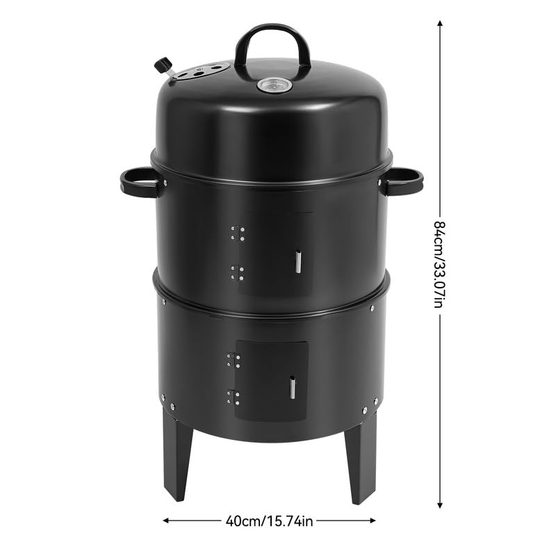 Pojemnik wędzarniczy 3 w 1, Ø 40 cm, grill na węgiel drzewny z termometrem i pokrywką, 2 poziomy, piec wędzarniczy do grillowania, wędzenia, duszenia