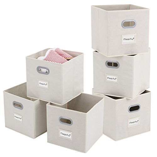 Magicfly Storage Bins with Label Holders, Set of 6 Foldable Storage Cubes 12 X 12 inch with Handle, Fabric Storage Bins for Closet, Books, Bedroom, Beige