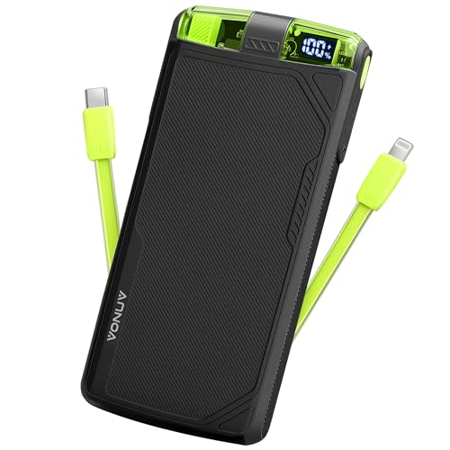 VONUV 10000mAh Portable Charger with Built-in Cables, 22.5W QC 3.0 & 20W PD Fast Charging for iPhone 16/15, Android & USB-C Devices. Compact, All-in-one Travel Backup Battery with Integrated Cords