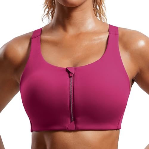 Image of CRZ YOGA Zip Front Cross Back Sports Bras | Molded Cups, Medium to high Support, Training, Adjustable Convertible Straps, Hook and Eye, for Women