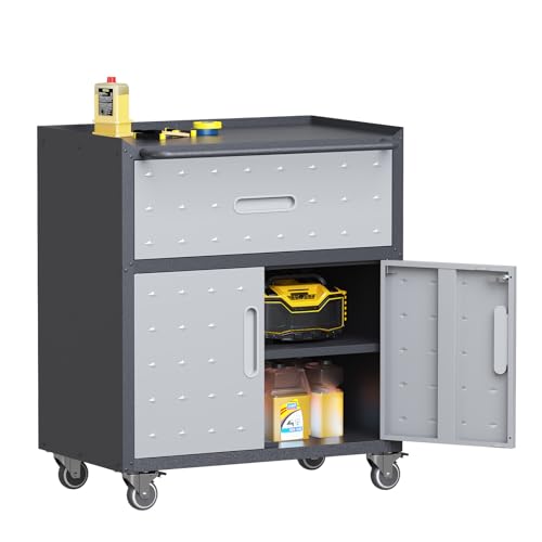 AQY Metal Storage Cabinet with Wheels, Lockable Garage Cabinet with 2 Doors and 1 Drawer, Rolling...