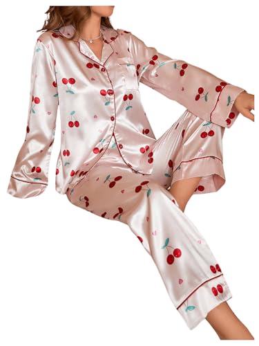 WDIRARA Women's 2 Piece Satin Sleepwear Cherry Print Long Sleeve Sleep Shirt and Pants Pajama Set3