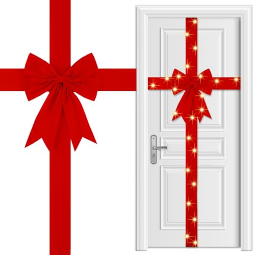 Spiareal Christmas Cabinet Door Ribbon Bow with LED Light Large Red Velvet Christmas Wreath Bow Glowing Bow Christmas Tree Bow Festival Wrapping Decorations for Fireplace Home Front Door