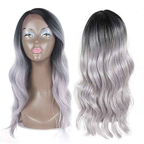 X-TRESS Grey Lace Front Wig Synthetic 20 Inch Glueless Body Wave Side Part Lace Front Long Wavy Ombre Grey Wigs Silver Grey Wigs For Women (Ombre Grey R3231)