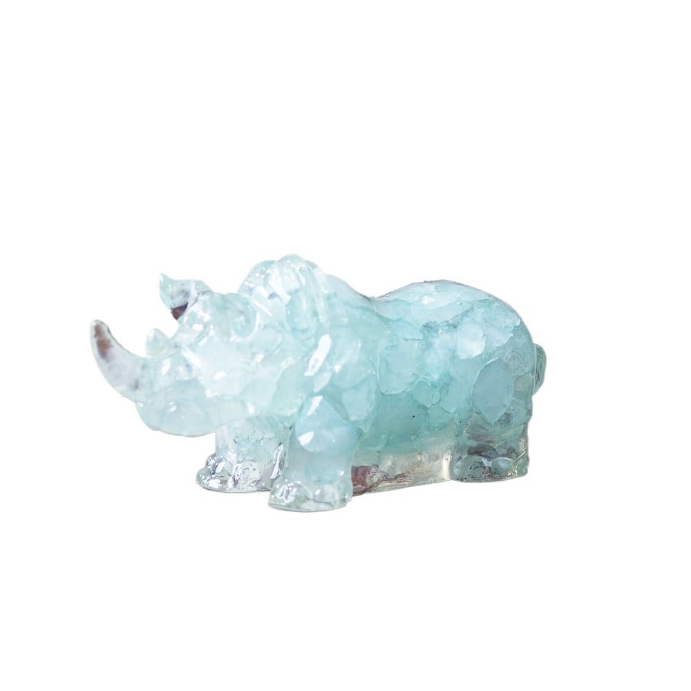 HUFFA Natural Crystal Rhinoceros Figurine - Resin-Filled Wealth Attractor for Home Decor(Aquamarine)