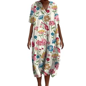 Robe Ete Femme Mi Longue Fluide Coton Chemisier Robes Manches Courtes Casuel Ample A-Line Imprimé Fleur Robes Col en V Soiree Grande Taille Robe Été Femme Longue Décontractée Dresses Fête Travail