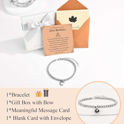 KORAS 21st Birthday Gifts for Her, Heart Charm Bracelet 21st Birthday Bracelet Gifts for 21 Year Old Girls, Women 21 Presents for Her - Image 4