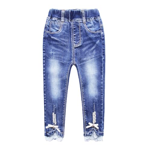 Girls Stretch Jeans with Machine-Secured Pearls, Lace Trim Bow & Elastic Waist for Ages 4-13