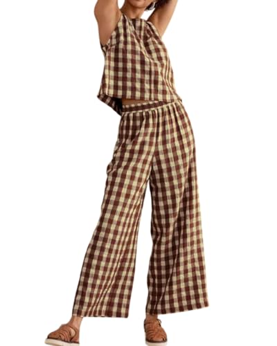 Women 2 Piece Summer Outfits Gingham Lounge Set Y2k Plaid Sleeveless Top Wide Leg Pants Matching Set