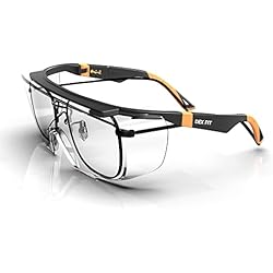 Lentes De Seguridad Graduables DEX FIT SG210 OTG │ Gafas de seguridad; protección ocular Z87, resistentes a la niebla y a los arañazos, ajustables, unisex, con protección UV (montura negra y naranja, lentes transparentes)