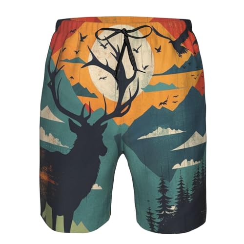 Men's Quick Dry Swim Shorts Deer Mountains Landscape Sunset Geometric Art Modern Beach Trunks with Pockets3