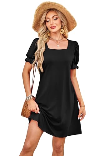 Image of RUMIA Summer Dresses for Women 2025 Casual Cute Square Neck Puff Short Sleeve Dress with Pockets