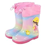 Pangolin Kinder Gummistiefel wasserdicht mit Kordelzug Regenstiefel für Mädchen und Jungen bunte kurze Regenboots mit Cartoon Motiv leichte Matschstiefel für Kindergarten Schule Garten Rosa 26 EU