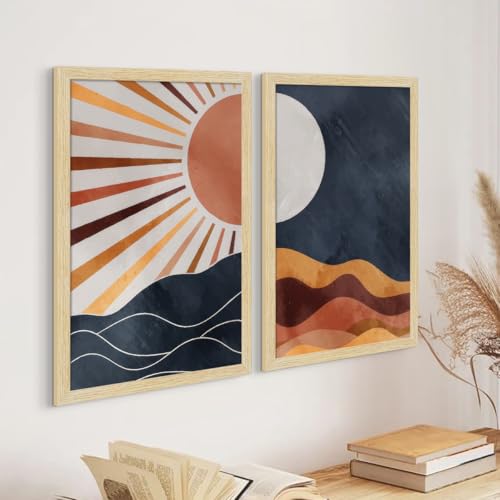 Image of ArtX Paper Boho Art Paintings with Frame for Home Decor, Abstract Wall Painting for Living Room, Multicolor, Natural Wood Color Frames, 12.0 x 18.0 inch, Set of 2