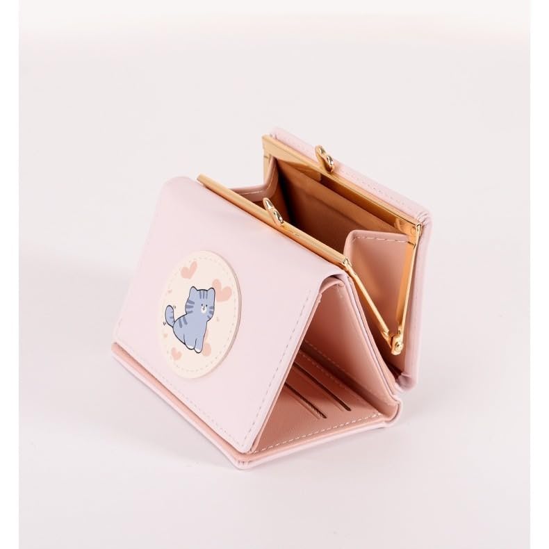 Image of Valerie Cute Small Wallets Clutch for Teen Girl Women PU Leather Trifold Small Wallet Cash Pocket 3D Buckle Card Holder Coin Purse with ID Window for Girls Women (Pink Cat)