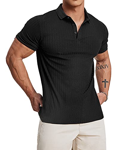 Muscle Cmdr Poloshirt met lange/korte mouwen voor heren - slim fit katoen casual golftop T-shirt, A-zwart/kort, M