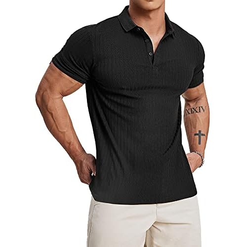 Muscle Cmdr Men's Cotton Muscle Shirts Slim Fit Business Casual Tee Long&Short Sleeve Ribbed Polo V Neck Shirt Small Black/Short