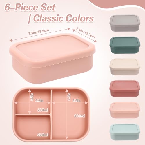 Image of Honeydak 6 Pcs Bright Silicone Bento Boxes, 3 Compartment Lunch Boxes