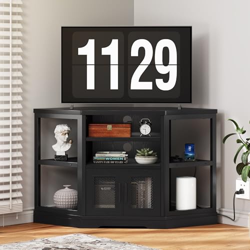 DWVO Corner TV Stand for 55/50 Inch TV, Farmhouse TV Stands for Living Room, Black Entertainment Center with Storage & Power Outlets, Wood TV Console Cabinet, Black by DWVO - Used condition - Image 5