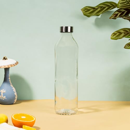 Image of Glassbunny Glass Water Bottle with Leak-Proof Airtight Stainless Steel Lid for Water, Smoothie, Juices Reusable Travel Drinking Fridge Bottle 800 ML