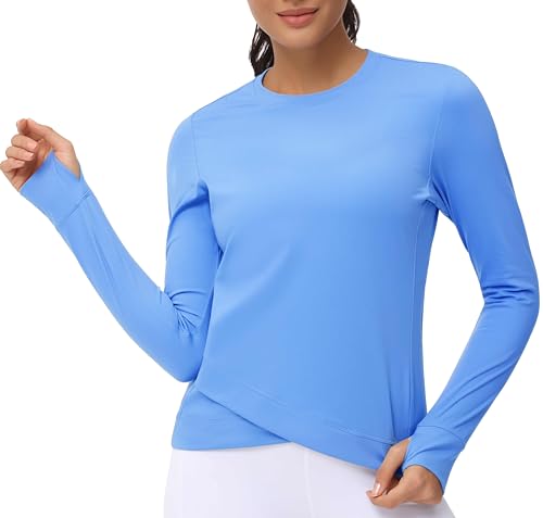 Women's Long Sleeve Compression Shirts Workout Tops Cross Hem Athletic Running Yoga T-Shirts with Thumb Hole Sea Blue