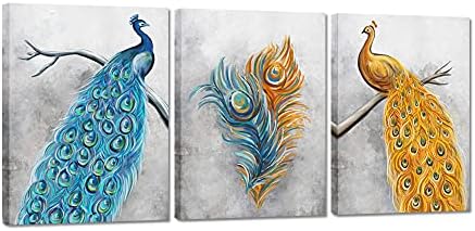 DuoBaorom 3 Pieces Peacock Canvas Wall Art Abstract Animal Peacock Feather Blue and Gold Artwork Stretched and Framed for Bedroom Kitchen Home Decor Ready to Hang 12x16inchx3pcs
