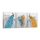 DuoBaorom 3 Pieces Peacock Canvas Wall Art Abstract Animal Peacock Feather Blue and Gold Artwork Str